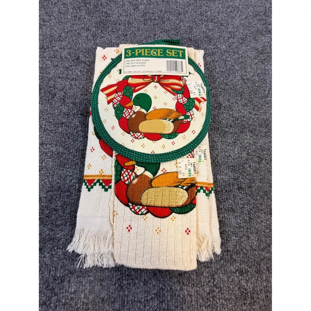 Vintage Gourmet Gallery Mallard Duck 3 Piece Kitchen Towel Pot Holder Set NEW
